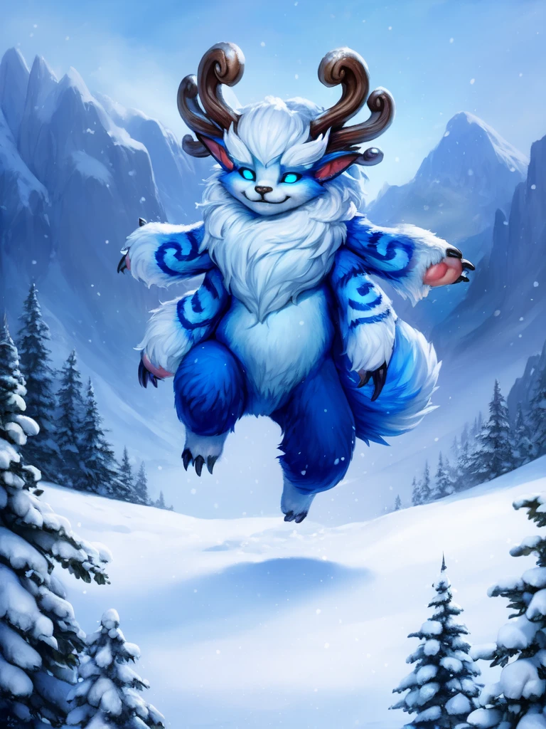 <lora:WillumpGameNunuSongYif:1>   WillumpGameNunuSong, blue glowing eyes, (blue teeth), horns, (four arms), tail, bed blue fur, fur patterns, black claws, pointed ears, grin,
solo,   looking at viewer,  Standing,  , to his full height,
(beautiful, aesthetic, perfect, delicate, intricate, masterpiece, )  textured fur, [Winter, snow, nature, mountains and sky with clouds, snow mountains, clear day, pine forest,]
by Ulitochka, by Levelviolet, by Castitas, by Personalami