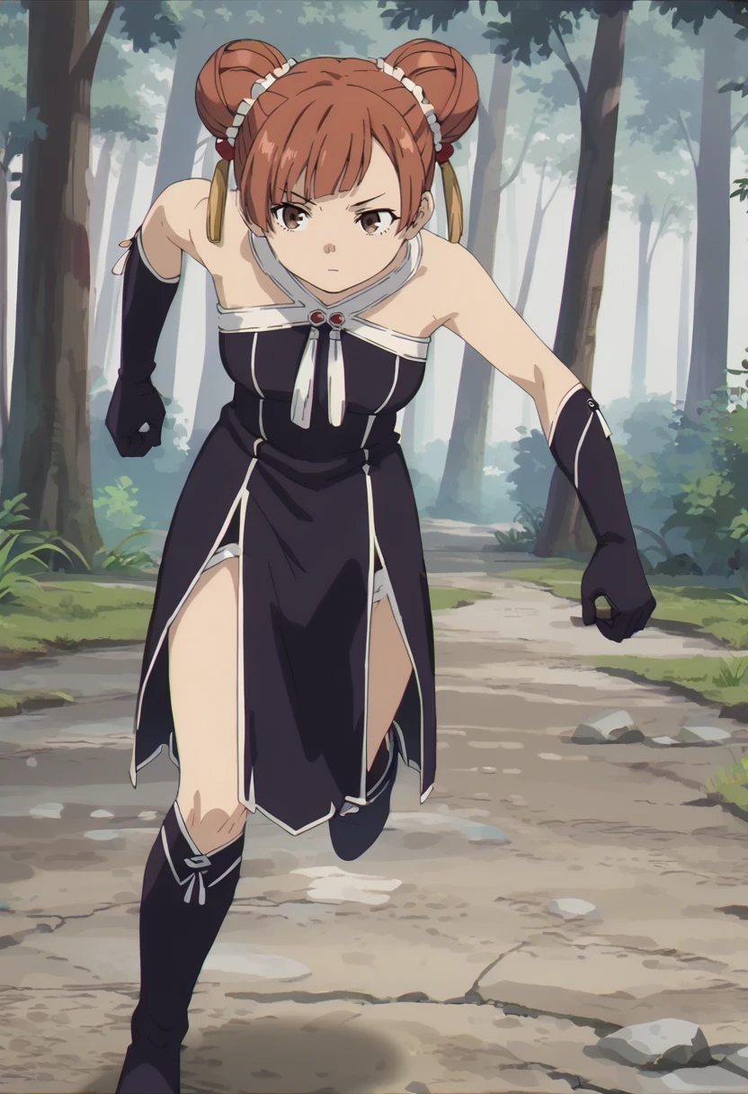 <lora:LaufenXL003>,
solo,
anime screencap,
score_9,score_8_up,
Laufen,1girl,brown hair,short hair,double bun,brown eyes,hair_ornament,
black dress,bare shoulders,
gloves,
pelvic curtain,
boots,
nature,running,