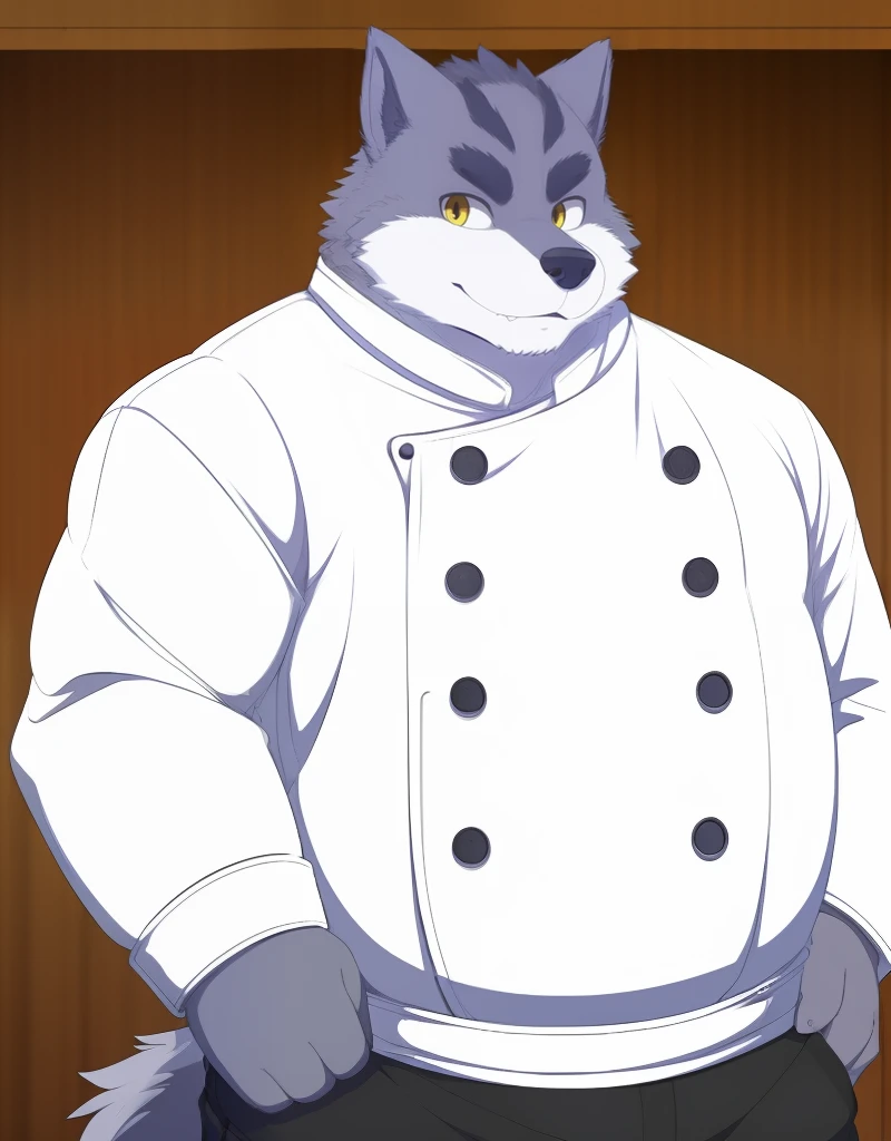 (((detailed eyes, detailed face))), (furry, arashi <lora:character_arashi_findigo_v1:0.8>, two-tone fur, grey fur, dog boy, snout, yellow eyes), male, (solo), (plump, fat, chubby, overweight), (chef clothes, alternate costume, buttons, brown apron), spreading, (arms behind back), smile, (front view) BREAK (konzaburou, ukan_muri, cute), bedroom, (flat shading, high brightness), 8k, UHD, masterpiece, (full body)