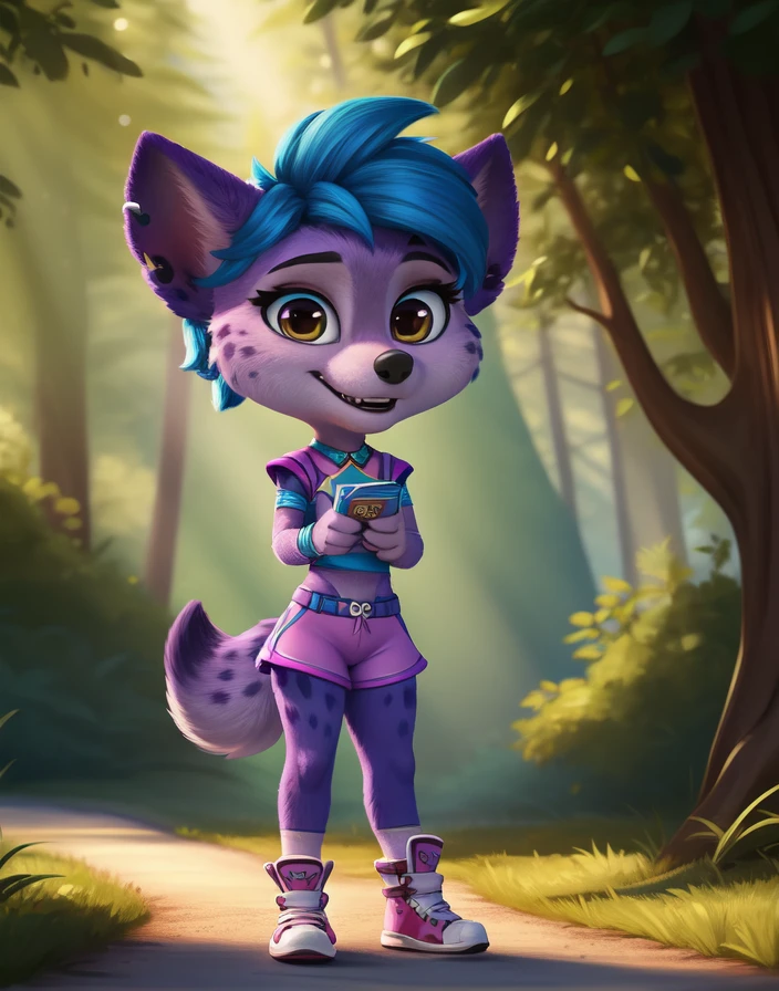  <lora:LenaHuenaCartoonYif:0.8>    LenaHuenaCartoon,     solo,   looking at viewer,   blue hair, purple fur, hyena, gray eyes, pink tank top, pink shorts, pink sneakers,
(beautiful, aesthetic, perfect, delicate, intricate, masterpiece, )  textured fur, [The sun is shining, nature, forest, river, trees, grass, road, sky with clouds,]  chibi
[by personalami], by smitty g, [[[by Foxovh]]], [[by Ross Tran]]  
