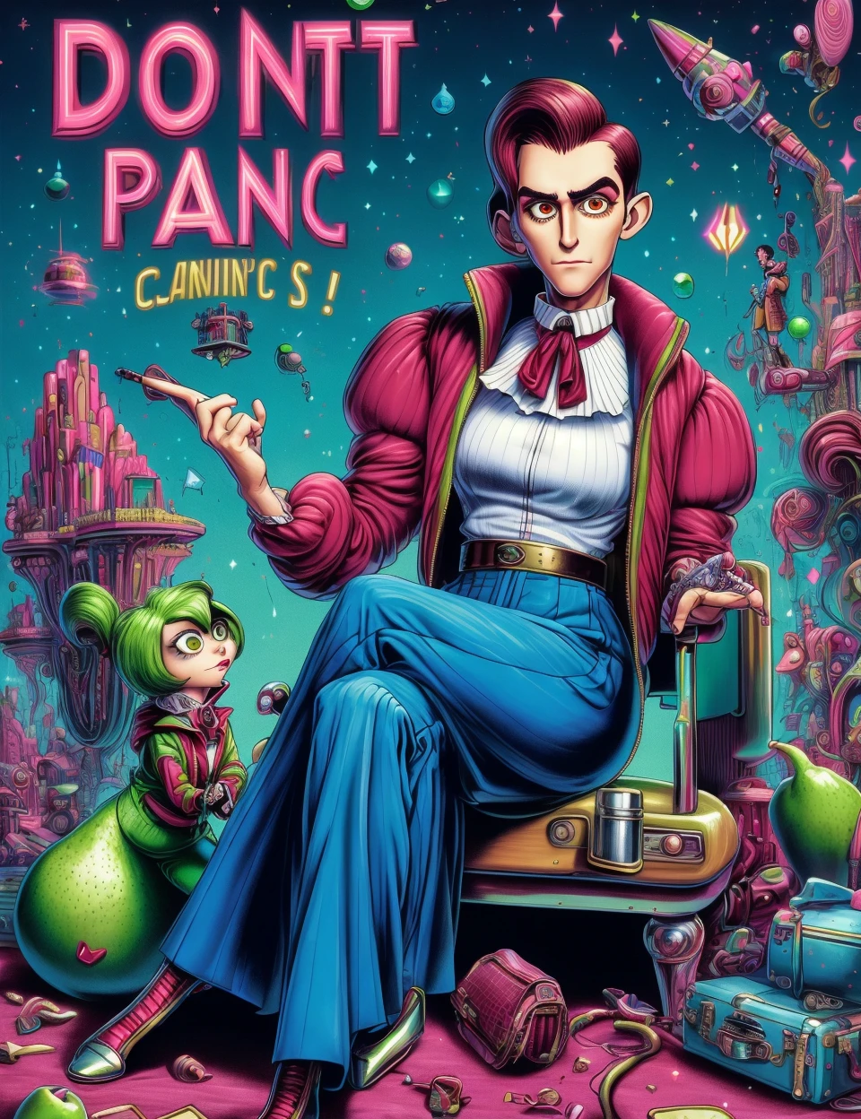 DonMD0n7P4n1c, text "DON'T PANIC!", female male early twenties pear-shaped, gypsies, golden eyes, oval ears, pointed chin with cleft, angular jaw, angular cheeks, toned back, , burgundy waves haircut hair, pride wearing chambray hiking pants, zip-up track jacket, ,, sitting with legs spread apart, appearing relaxed and confident, draped full body clothing, high neck, bionic fiber, flutter sleeves, maxi length, drop waist, pencil skirt, embellishments,,cargo pockets,,elastic waistband,,collar, <lora:DonMD0n7P4n1c:1>
