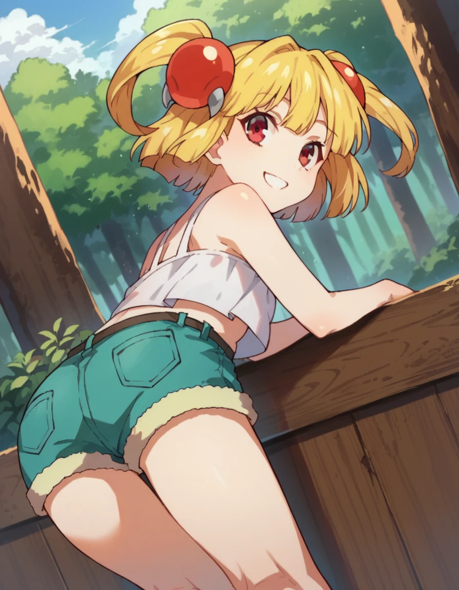 score_9, score_8_up, score_7_up, source_anime,
pattythesummer, <lora:patty-the-summer-ponyxl-lora-nochekaiser:1>
patty the summer, short hair, blonde hair, red eyes, twintails, two side up, hair ornament, smile,
shirt, white shirt, shorts,
outdoors, forest, bent over,
looking at viewer, dutch angle, cowboy shot