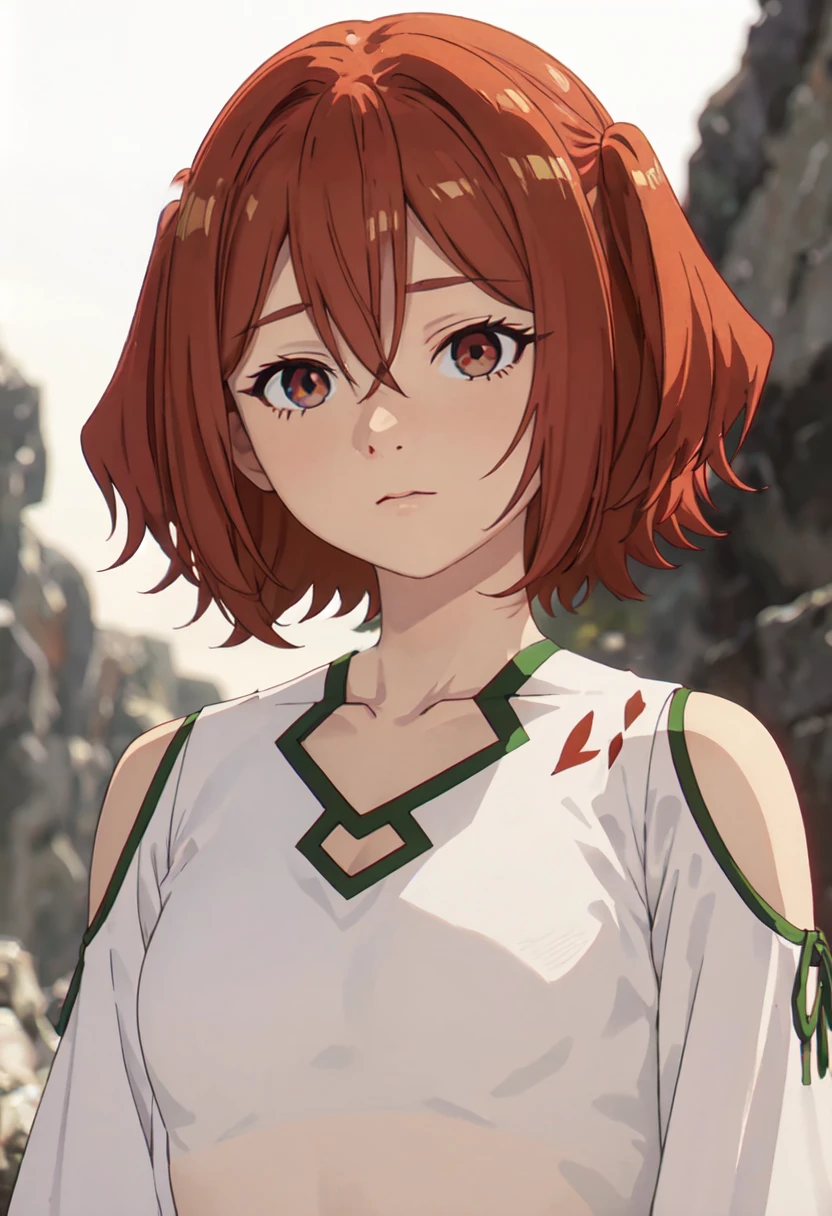 best quality, masterpiece, highres, solo, (kanne_sousounofrieren:1.10), 1girl, blurry background, closed mouth, collarbone, shoulder cutout, white shirt, outdoors, upper body, day, hair between eyes, looking at viewer, anime_style, 5 <lora:kanne_sousounofrieren:0.80>
