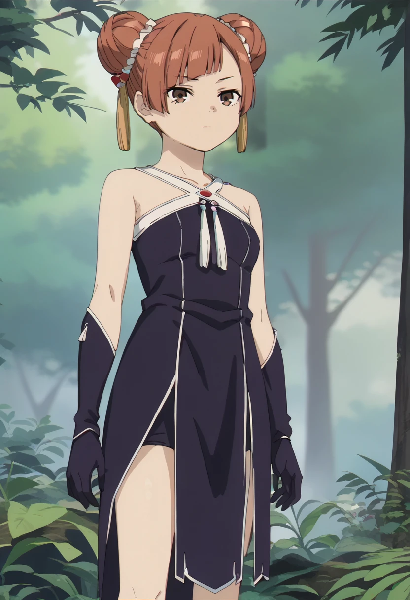 <lora:LaufenXL003>,
solo,
anime screencap,
score_9,score_8_up,
Laufen,1girl,brown hair,short hair,double bun,brown eyes,hair_ornament,
black dress,bare shoulders,
gloves,
pelvic curtain,
nature,