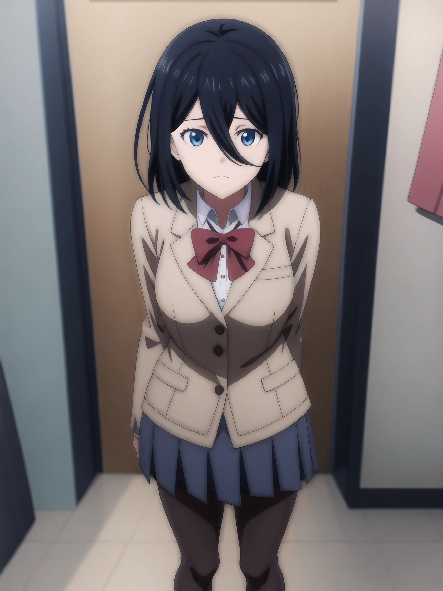 anime screencap, a character portrait, a woman in a school uniform standing, scenery of school, indoors background, (1girl:0.998), (bangs:0.502), (black footwear:0.104), (black hair:0.768), (black legwear:0.890), (blazer:0.451), (blue eyes:0.849), (blue skirt:0.720), (blush:0.134), (bow:0.947), (bowtie:0.678), (brown footwear:0.742), (buttons:0.162), (cardigan:0.744), (closed mouth:0.606), (collared shirt:0.580), (diagonal stripes:0.175), (door:0.539), (dress shirt:0.337), (expressionless:0.155), (eyebrows visible through hair:0.203), (full body:0.674), (hair between eyes:0.962), (hand in pocket:0.416), (hand on hip:0.131), (hands in pockets:0.198), (indoors:0.452), (jacket:0.891), (loafers:0.897), (long sleeves:0.577), (looking at viewer:0.745), (medium hair:0.165), (miniskirt:0.313), (open clothes:0.522), (open jacket:0.579), (pantyhose:0.986), (pleated skirt:0.844), (red bow:0.575), (red bowtie:0.125), (school uniform:0.939), (shirt:0.740), (shoes:0.886), (short hair:0.613), (skirt:0.952), (smile:0.114), (solo:0.953), (stairs:0.122), (standing:0.744), (striped:0.471), (striped bow:0.451), (striped bowtie:0.286), (sweater vest:0.608), (vest:0.287), (white jacket:0.207), (white shirt:0.400), (wing collar:0.175), masterpiece, best quality, high quality, best details, deep skin, skindentation, bright front face, expressive face detail, expressive face expressions, eye focus