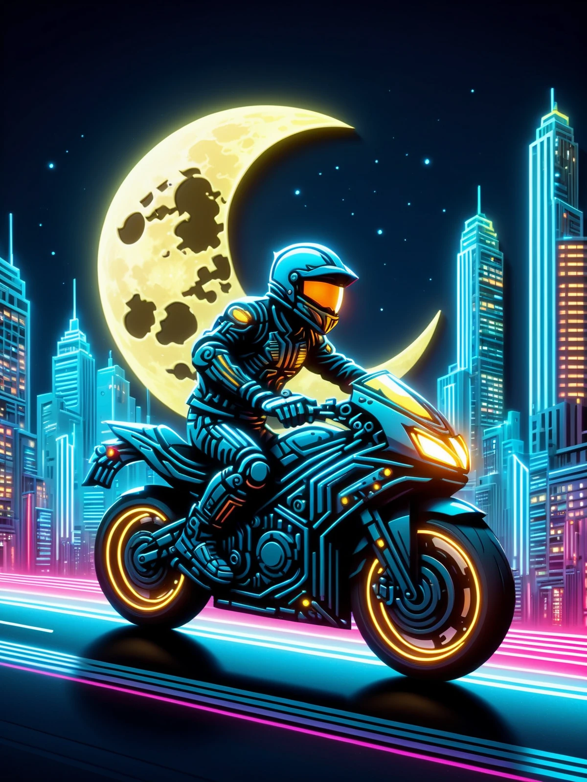 cityscape, man on motorbike racing through city moon, night sky, glowing outline, mad-cybrpprct1, neon lights <lora:Neon_Cyberpunk_Papercut_SDXL:0.8>, (masterpiece:1.2), best quality, (hyperdetailed, highest detailed:1.2), high resolution textures