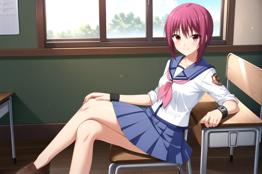 masterpiece, high quality, highres, 1girl, solo,
<lora:AngelBeats_Iwasawa-v1-07:0.6>, ChopioIwasawa, short hair, purple hair, red eyes, (looking at viewer:1.3),
mature female, medium breasts,
outfit_1, serafuku, blue sailor collar, white shirt, pink neckerchief, sleeves rolled up, wristband, blue skirt, pleated skirt,
classroom, chair, desk, chalkboard, window, sunlight, light particles, 
sitting, smile,  crossed legs,