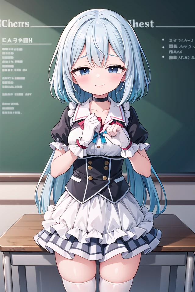 <lora:sensualface_type4_v3:1>
insanely detailed, absurdres, ultra-highres, ultra-detailed, best quality,
1girl, solo, nice hands, perfect hands
BREAK
(a checkered clothes:2.0), (a checkered idol clothes:1.6), (short frill sleeve:1.3), (layered skirt,multilayer-skirt:1.6), (white thigh-high socks:1.4), (white choker,white glove with frill:1.3)
BREAK
happy smile, laugh, closed mouth
BREAK
(45 angle:-1.5), (from side:-1.5),
standing, cowboy shot, looking at viewer
BREAK
slender, kawaii, perfect symmetrical face, ultra cute girl, ultra cute face, ultra detailed eyes, ultra detailed hair, ultra cute, ultra beautiful
BREAK
in classroom, school desk, school chair, chalkboard, depth of field, ultra detailed background
BREAK
medium breasts
BREAK
turquoise blue hair, black eyes, cornrows