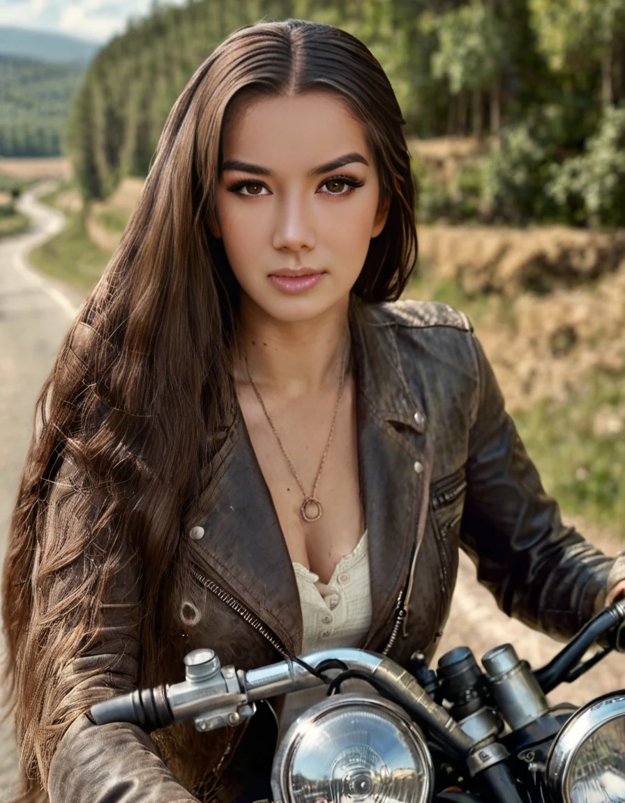 <lora:MissMikkaaSDXL1.0-000021:1.3> Mikkaa, brown eyes
In the realistic scene, Mikkaa, a stunningly beautiful woman with cascading long hair, confidently donned her weathered yet elegant motorcycle jacket, symbolizing both strength and style as she gracefully rode through winding country roads on her classic motorbike.