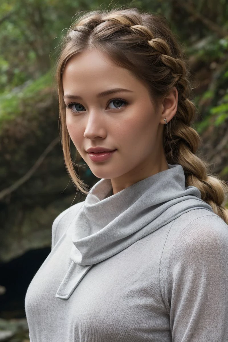 photo of S365_StellaCardo,a stunning woman,in a (gully-ravine:1.1),wearing a (cowlneck:1.1),(leggings),(braid),(4k, RAW photo, best quality, 35mm, depth of field, ultra high res:1.1),(intricate, photorealistic, cinematic-shot, masterpiece, ultra-detailed:1.1),
