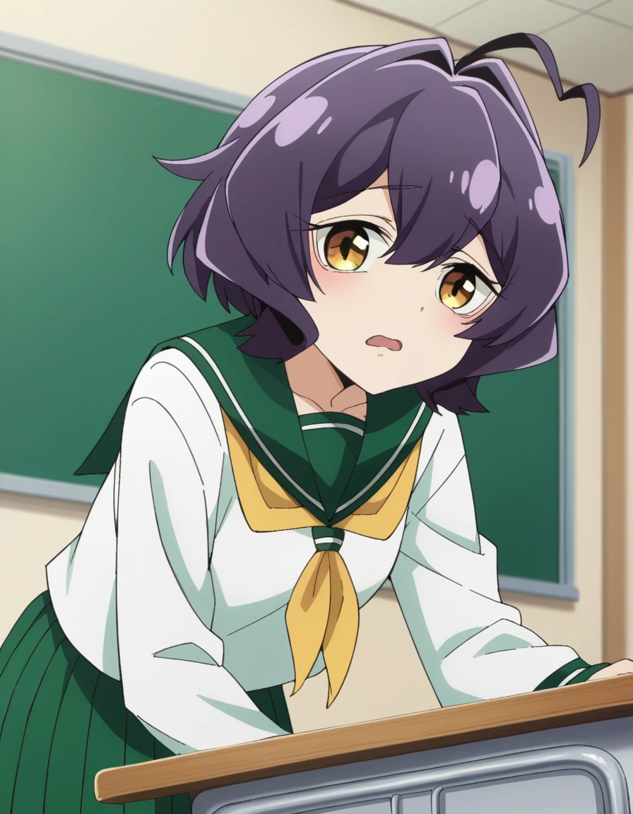 score_9, score_8_up, score_7_up, source_anime,
utenahiiragi, <lora:utena-hiiragi-ponyxl-lora-nochekaiser:1>
utena hiiragi, short hair, yellow eyes, purple hair, ahoge, hair intakes,
skirt, shirt, long sleeves, school uniform, white shirt, pleated skirt, serafuku, sailor collar, neckerchief, green skirt, green sailor collar,
indoors, classroom, bent over,
looking at viewer, dutch angle, cowboy shot
