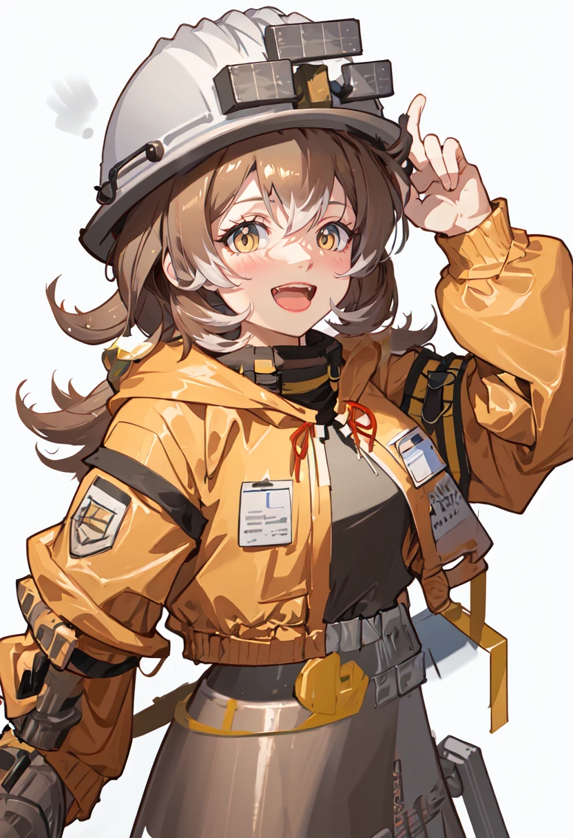 best quality, masterpiece, highres, solo, (cement_arknights:1.10), 1girl, helmet, long sleeves, orange jacket, looking at viewer, simple background, open mouth, white background, :d, black shirt, blush, 1 <lora:cement_arknights:0.80>