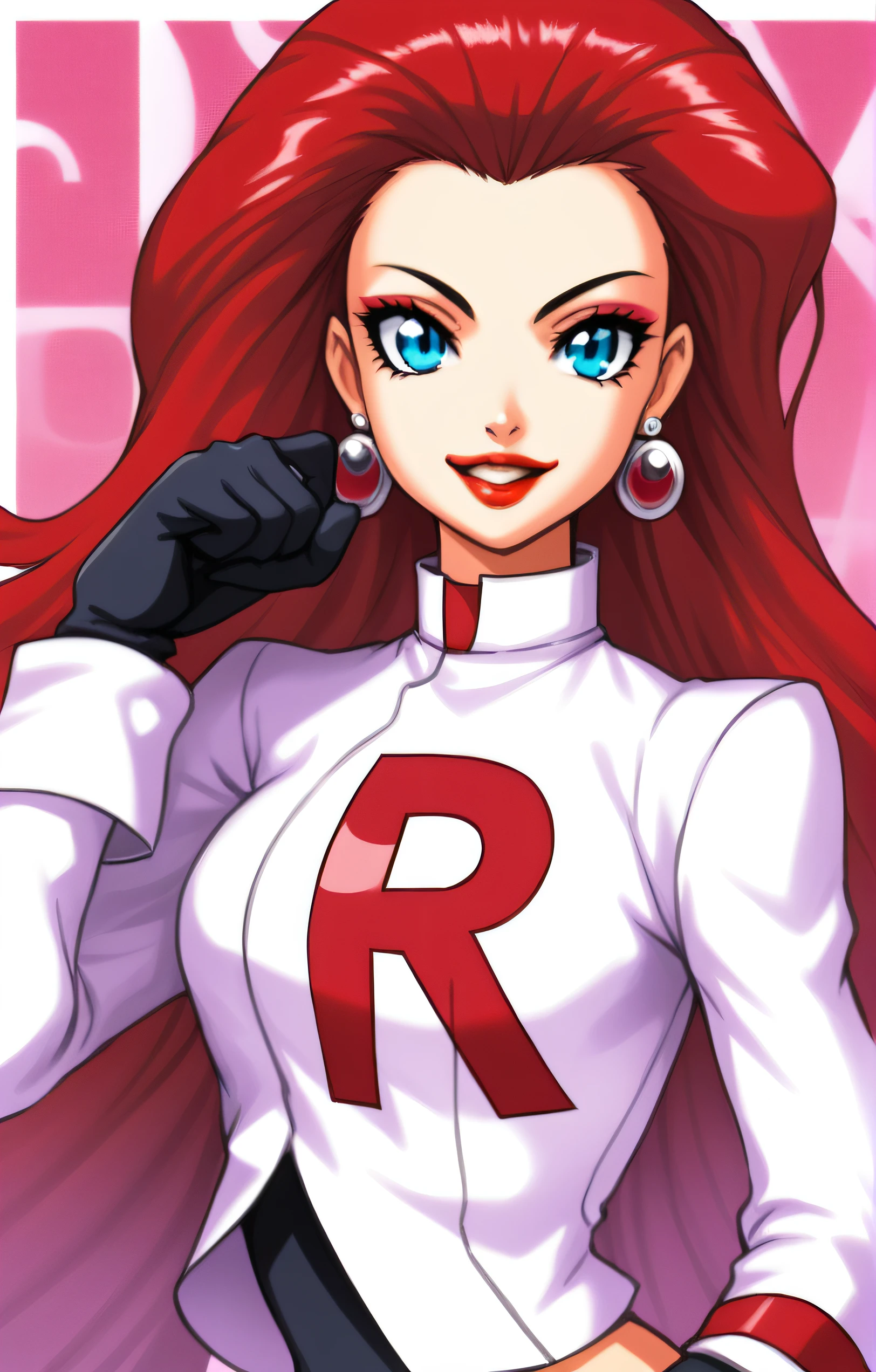 <lora:Jessie:0.7> <lora:Anime_Enhancer_XL:0.7> 1girl,solo,long hair,looking at viewer,retro arstyle,oldest,smile,open mouth,blue eyes,gloves,jewelry,jacket,upper body,purple hair,:d,red hair,earrings,tongue,black gloves,hand up,eyelashes,makeup,white jacket,lipstick,clenched hand,red lips,big hair,hair slicked back,team rocket,team rocket uniform,jessie (pokemon)