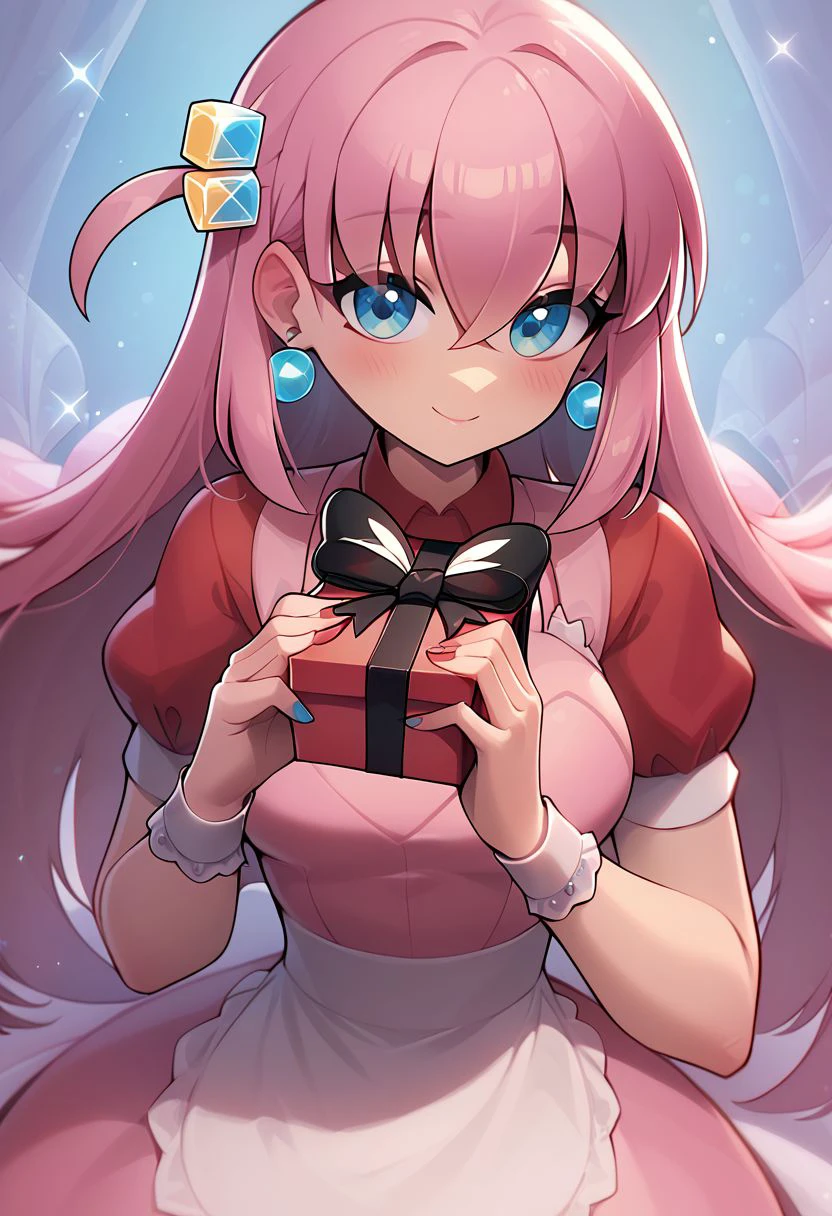 score_9, score_8_up, score_8, medium breasts, cute, eyelashes, 
 smile, looking at viewer, gotou hitori, solo, bangs, hair between eyes, bocchi the rock!. pink hair, blush, box, closed mouth, commentary request, creatures (company), dress, earrings, eyelashes, game freak, gift, gift box, holding, holding gift, jewelry, looking at viewer, nail polish, nintendo, pink dress, red shirt, shirt, short sleeves, waist apron, wrist cuffs