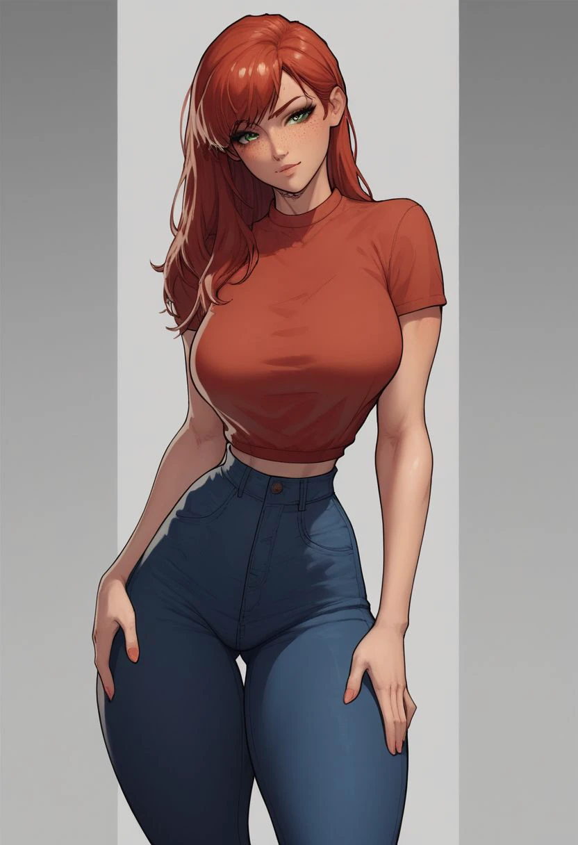 score_9, score_8_up, score_8, rating_explicit, (((fully clothed))), very tall girl, slim build, mary jane Watson, long red hair, freckles, green eyes, narrow model body, sexy, cropped oversize top, massive breasts, narrow waist, wide hips,