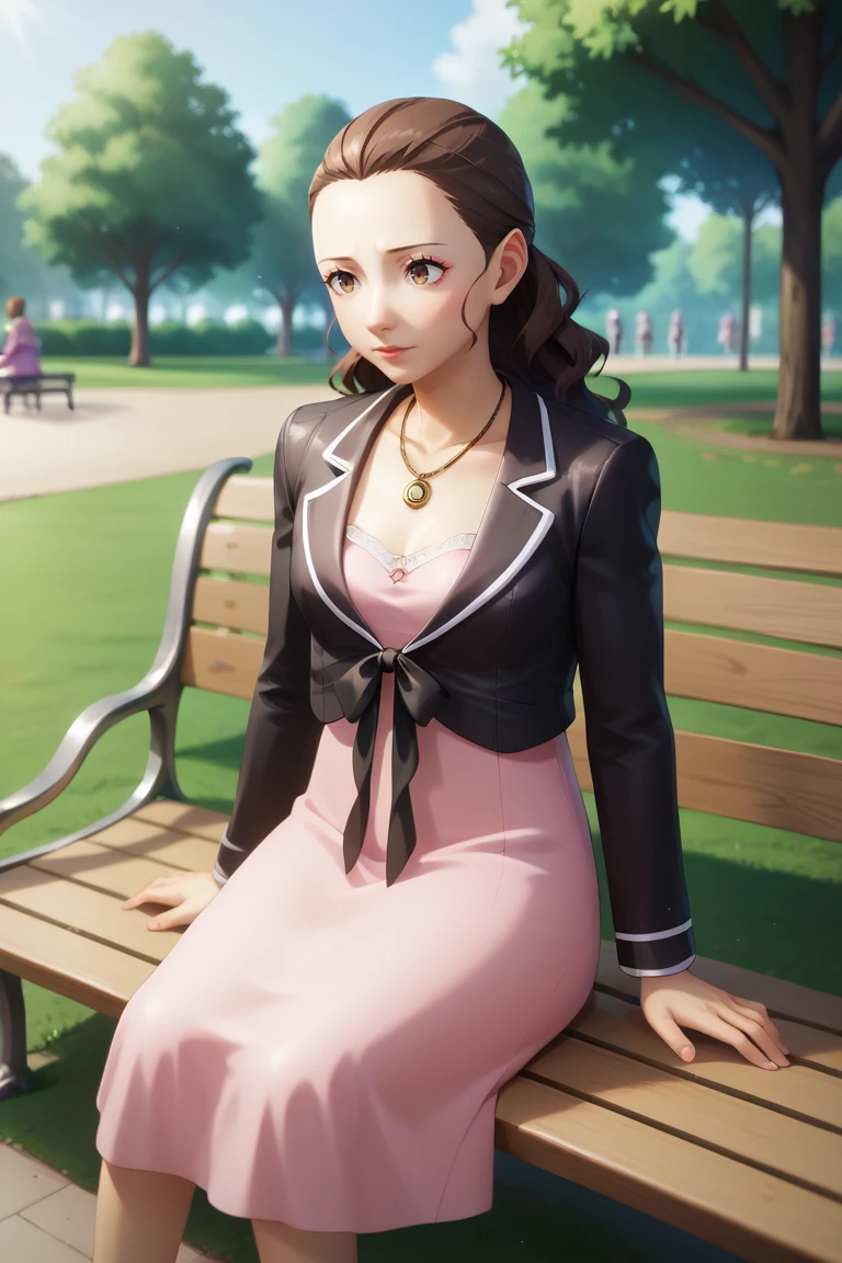 score_9, score_8_up, score_7_up, BREAK, 1girl, solo, breasts, <lora:eriminami-guy-PONYv1:.95>, eriminami, makeup, necklace, black jacket, tied jacket, black ribbon, pink dress, park, park bench, sitting, outdoors, grass,
