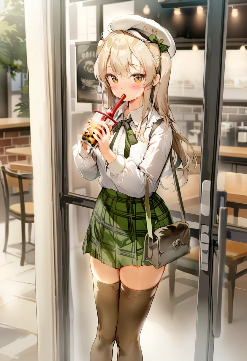 masterpiece, best quality, <lora:anmiXL_ANI31_lokr_V2233:0.95> 1girl, shimada arisu, skirt, solo, thighhighs, long hair, green skirt, hat, bubble tea, cup, bag, shirt, looking at viewer, long sleeves, beret, plaid skirt, brown eyes, plaid, reflection, standing, ribbon, holding, white shirt, drinking straw, zettai ryouiki, disposable cup, black thighhighs, blush, shoes, white headwear, bow