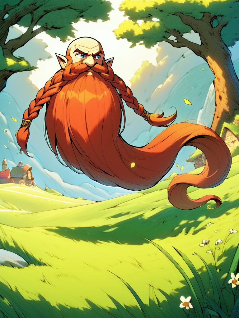 Legend of Zelda style ,score_9, score_8_up, score_7_up, score_6_up, score_5_up, score_4_up, <lora:Harry_Dwarf_Pony_XL:1>, Harry_Dwarf, flowing long red beard, braided moustache,bald, bangles, back lighting,  on a field of battle . Vibrant, fantasy, detailed, epic, heroic, reminiscent of The Legend of Zelda series
