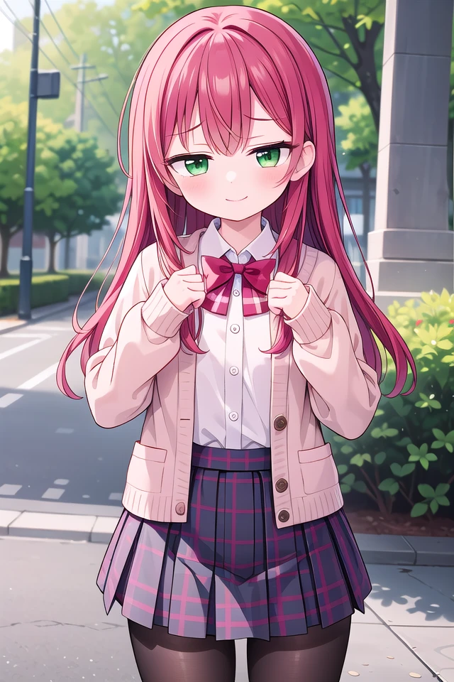 <lora:sensualface_type1_v3:1>
insanely detailed, absurdres, ultra-highres, ultra-detailed, best quality,
1girl, solo, nice hands, perfect hands
BREAK
(School Uniforms:1.2), (pink cardigan is fit body:1.4), ((do up a buttons, not loose):1.5), ((long sleeve, sleeves past wrists):1.2), (inner wear is white collared-shirt:1.3), (red plaid-pattern bow:1.3), (red plaid-pattern pleated skirt:1.3), ((dark-brown pantyhose, loafers):1.2)
, (cleavage:-1.5)
BREAK
happy smile, laugh, closed mouth
BREAK
(45 angle:-1.5), (from side:-1.5),
standing, cowboy shot, looking at viewer
BREAK
slender, kawaii, perfect symmetrical face, ultra cute girl, ultra cute face, ultra detailed eyes, ultra detailed hair, ultra cute, ultra beautiful
BREAK
in forest, depth of field, ultra detailed background
BREAK
medium large breasts
BREAK
(red hair, green eyes), spiked hair,