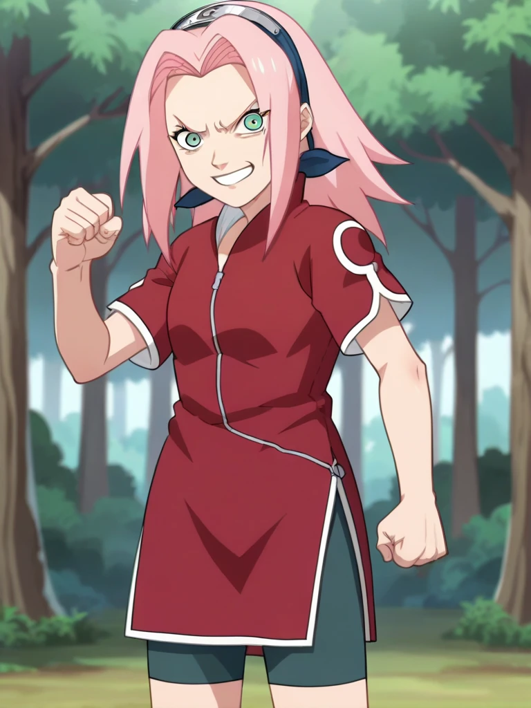core_9, score_8_up, score_7_up, score_6_up, score_5_up, score_4_up, BREAK, source_anime, 1girl, haruno sakura, pink hair, long hair, green eyes, red shirt, red qipao, short sleeves, giving the middle finger with one hand, smile, upper body, looking at viewer, solo, simple background, white background, anime screencap, anime coloring, evil expression, evil smirk, showing teeth, very evil facial expression, big breasts, side angle POV, show full body, huge breasts, red heels, fishnets, full body POV, evil yet attractive face, eyes looking to the left, pink nails