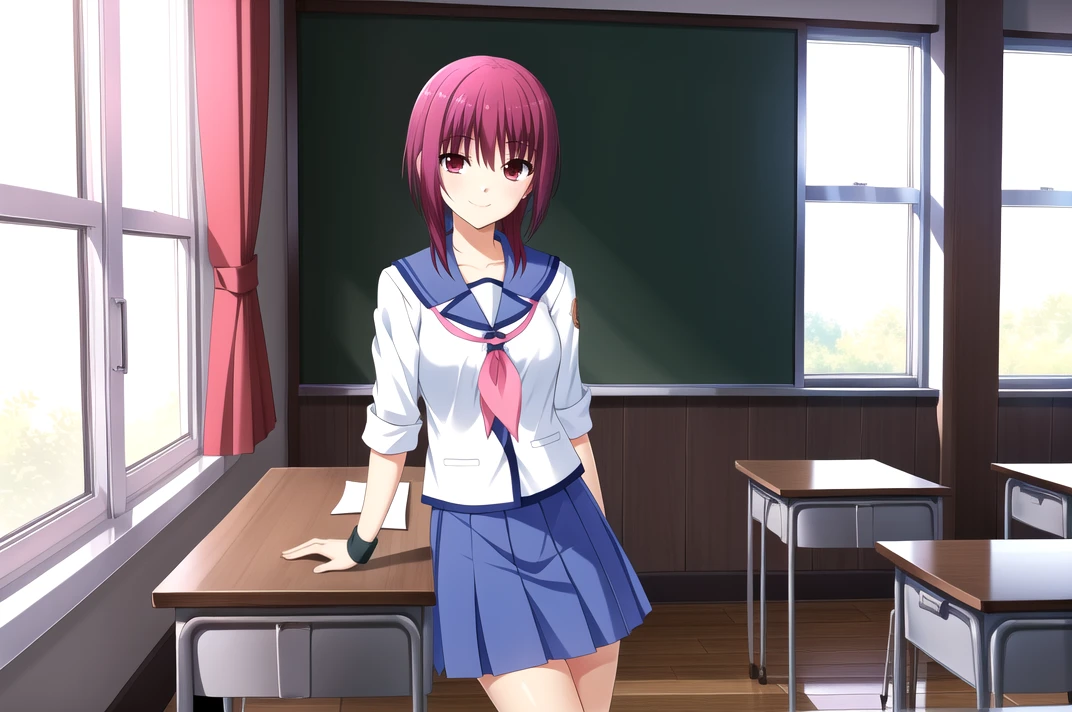 masterpiece, high quality, highres, 1girl, solo,
<lora:AngelBeats_Iwasawa-v1-07:0.6>, ChopioIwasawa, short hair, purple hair, red eyes, (looking at viewer:1.3),
mature female, medium breasts,
outfit_1, serafuku, blue sailor collar, white shirt, pink neckerchief, sleeves rolled up, wristband, blue skirt, pleated skirt,
classroom, chair, desk, chalkboard, window, sunlight, light particles, 
sitting, smile,  crossed legs,