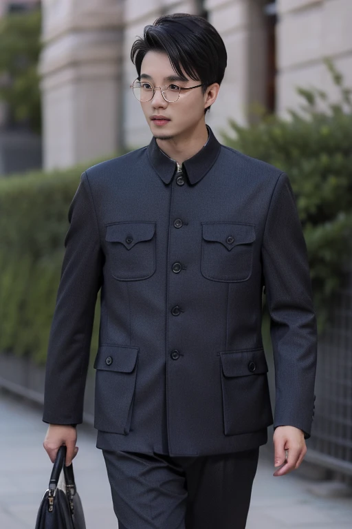 ltra-detailed,highly detailed,best quality,masterpiece,illustration,realistic,photorealistic,
1boy, solo,
chinese tunic suit, formal, jacket, shirt, pants,
breast pocket,
looking at viewer, walking, cowboy shot,
outdoors, day, tree,
<lora:chinese tunic suit_v1_08:1.0>