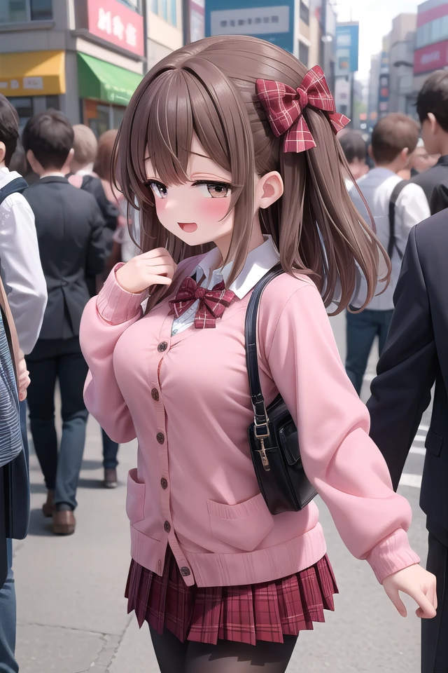 <lora:sensualface_type4_v3:1>
insanely detailed, absurdres, ultra-highres, ultra-detailed, best quality,
1girl, solo, nice hands, perfect hands
BREAK
(School Uniforms:1.2), (pink cardigan is fit body:1.4), ((do up a buttons, not loose):1.5), ((long sleeve, sleeves past wrists):1.2), (inner wear is white collared-shirt:1.3), (red plaid-pattern bow:1.3), (red plaid-pattern pleated skirt:1.3), ((dark-brown pantyhose, loafers):1.2)
BREAK
happy smile, laugh, open mouth, standing,
from side,
cute pose, cowboy shot
BREAK
slender, kawaii, perfect symmetrical face, ultra cute girl, ultra cute face, ultra detailed eyes, ultra detailed hair, ultra cute, ultra beautiful
BREAK
in harajuku, shibuya, tokyo, street, crowd, cityscape
BREAK
medium large breasts,
(brown hair, brown eyes), hime cut