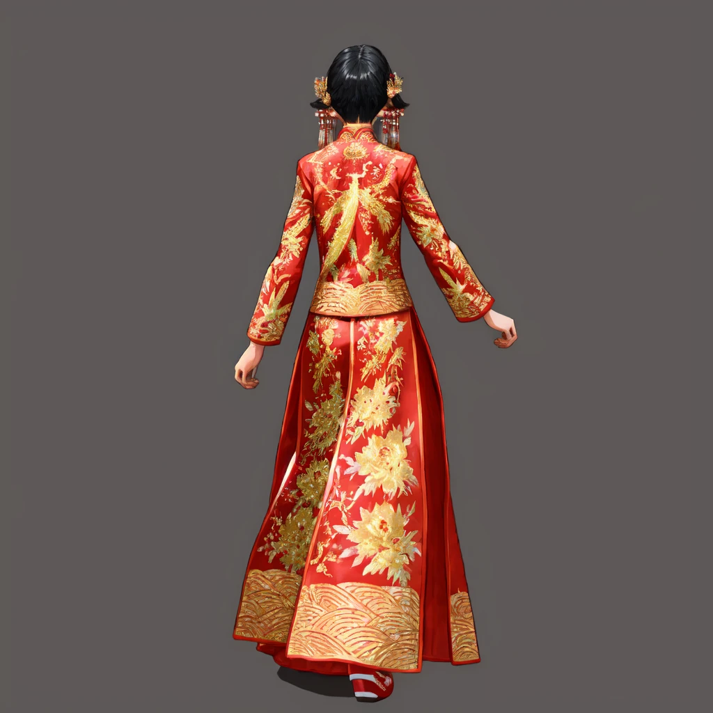 masterpiece, watercolor, Impasto,
JIAYI55, JYAYIQS25, fisting, from behind, 
1girl, solo, chinese clothes, red mary janes, red dress, long dress,
black hair,very long hair, hair ornament,
standing, (full body),
two-tone background, ((simple background)),