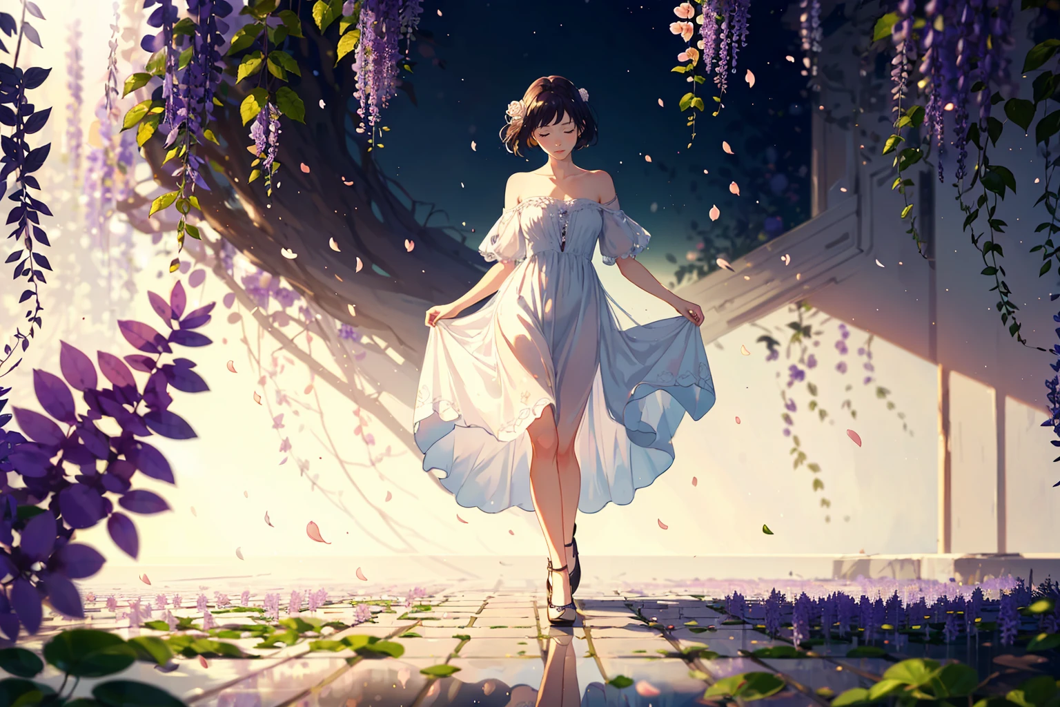 1 lady, stars, nebula, roses, wisteria, leaf, falling petals, floral work, simplicity, light from up, whitework, reflecting floor, dress, pose, contrapposto, garden, (blurry background, blurry foreground, depth of field, ambient lighting:1.3)