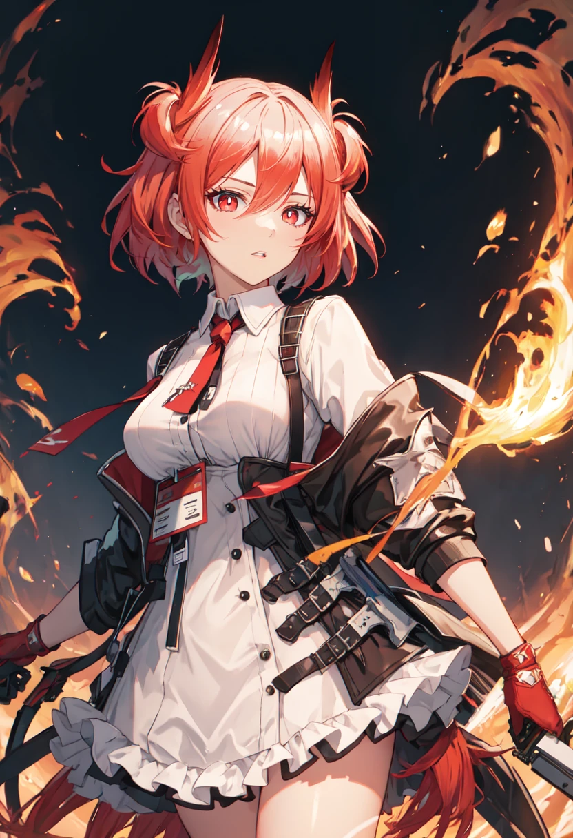 best quality, masterpiece, highres, solo, (fiammetta_arknights:1.10), 1girl, black jacket, black skirt, open jacket, red necktie, white shirt, black gloves, collared shirt, high-waist skirt, looking at viewer, holding gun, cowboy shot, fire, medium breasts, id card, frilled skirt, off shoulder, parted lips, 6 <lora:fiammetta_arknights:0.80>