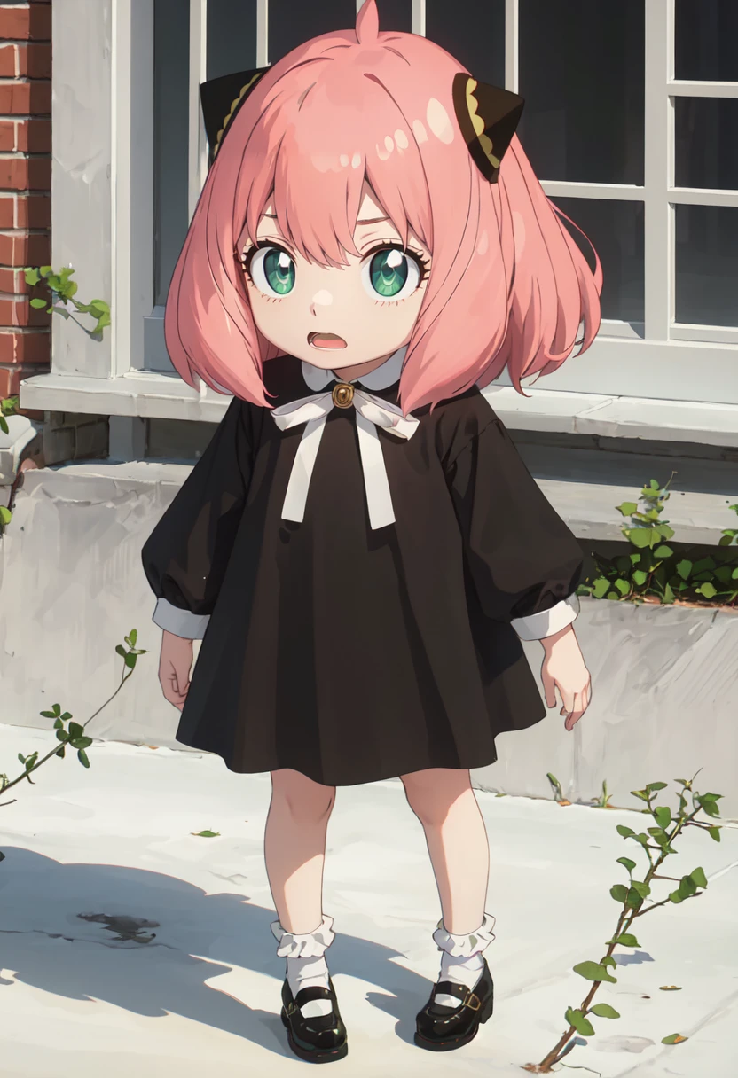 best quality, masterpiece, highres, solo, (anya_forger_spyxfamily:1.10), 1girl, black dress, , full body, hairpods, shoes, white socks, black footwear, bobby socks, open mouth, standing, shadow, white ribbon, anime_style, 12 <lora:anya_forger_spyxfamily:0.80>