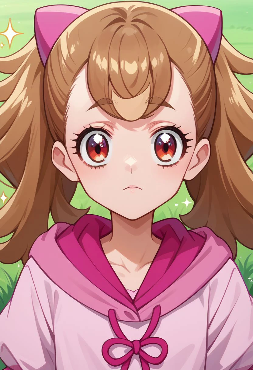 score_9_up, score_8_up, score_7_up, anime screenshot, 
inukaikomugi, eyelashes, henshin, standing, grass, pink hoodie, facing viewer, ^_^, close-up, twintails, sparkle