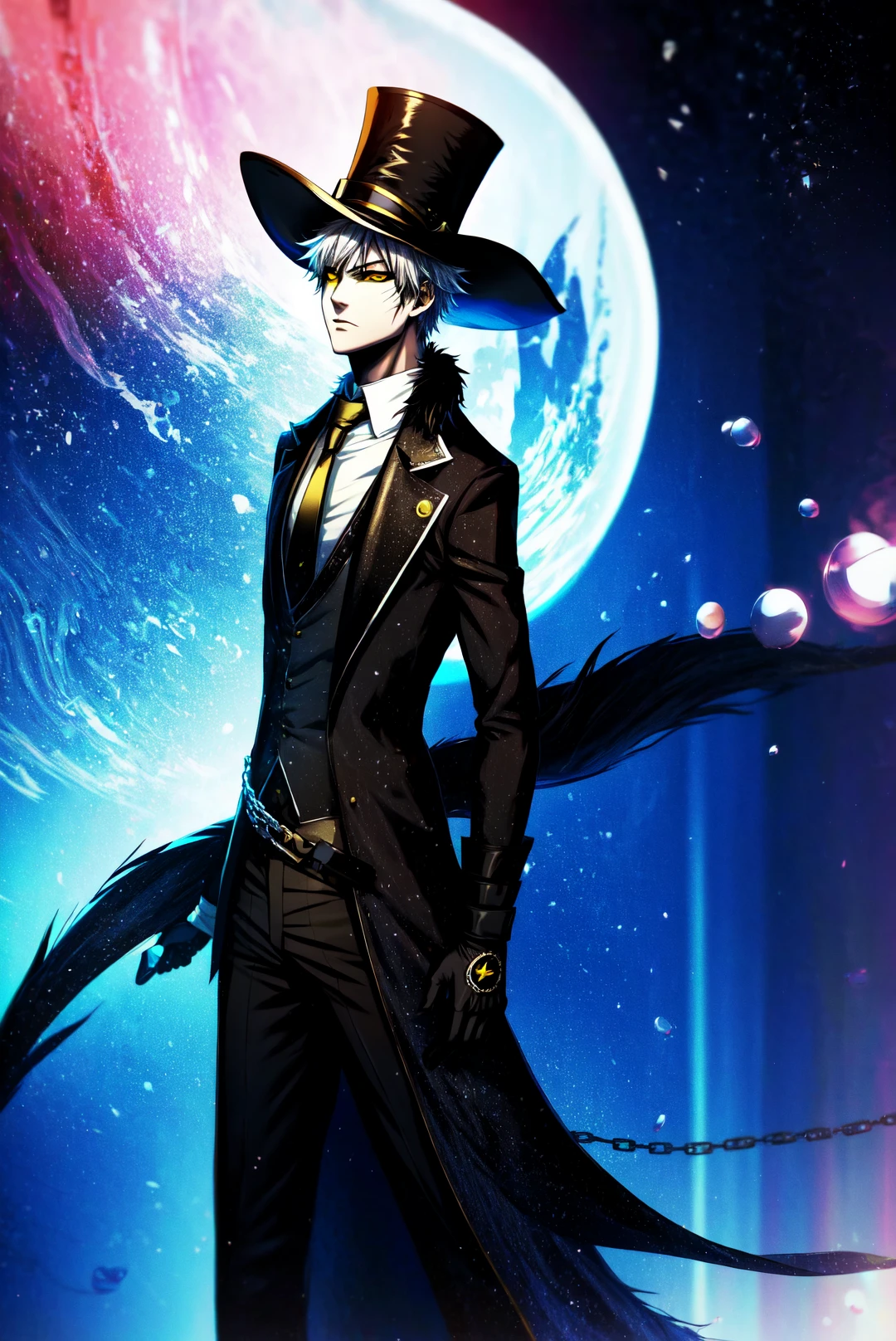 amazing, 4k, extremely detailed art, best quality, masterpiece, 1boy, male focus,
<lora:IkasorukOgihci:1>hollow, solo,weapon,white hair,male focus,sky,sword,night,moon,crescent moon,water,bubble,underwater,air bubble,chains,((( jewelry, facial mark, fur trim, yellow eyes, black sclera:1))),gloves,hat,holding,full body,weapon,necktie,belt,sword,coat,shadow,watch,top hat,rapier,dark persona,
<lora:GoodHands-beta2:1>, <lora:more_details:1>, <lora:Light and Shadow:1>