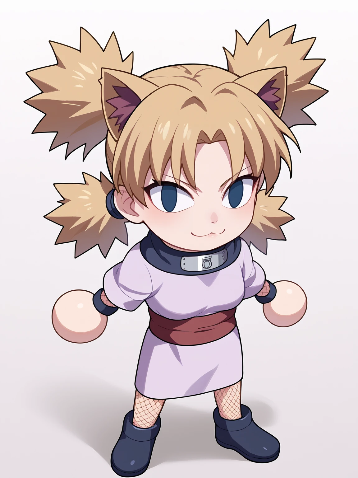 score_9, score_8_up, score_7_up, BREAK,
1girl, necoarc, cat ears,
ytemari, blonde hair, quad tails, blue eyes, fishnets, purple garment, sash,
chibi, slit pupils, solo, full body, white background <lora:necoarc-guy-PONY-v1:1>   <lora:TemariGeninXL:1>