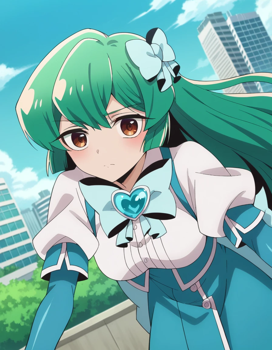 score_9, score_8_up, score_7_up, source_anime,
sayominakami, <lora:sayo-minakami-ponyxl-lora-nochekaiser:1>
sayo minakami, long hair, brown eyes, bow, hair bow, green hair,
skirt, gloves, boots, elbow gloves, magical girl, blue gloves,
outdoors, cityscape, bent over,
looking at viewer, dutch angle, cowboy shot