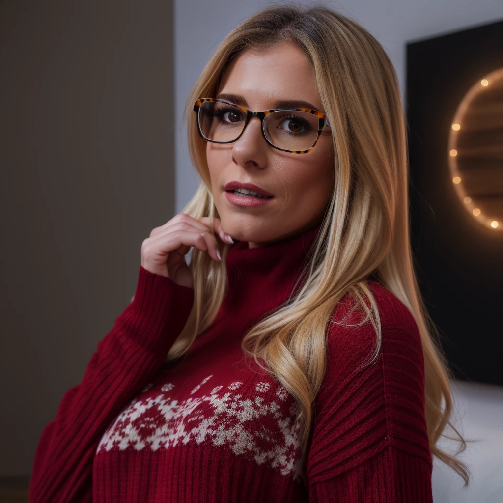 Best_QualityPos, RAW photo, intricate details, best quality, 8k uhd, soft lighting, 1girl, solo, Cory Chase, long hair, blonde hair, brown eyes, glasses, black turtleneck sweater <lora:Cory_Chase:0.7> <lora:exposure_control_v10:-0.45>
