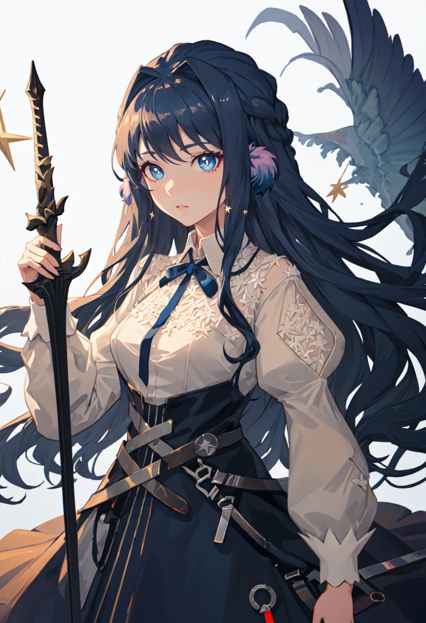 best quality, masterpiece, highres, solo, (astesia_arknights:1.10), 1girl, long sleeves, cowboy shot, holding sword, looking at viewer, white shirt, blue skirt, closed mouth, star (symbol), white background, diamond-shaped pupils, neck ribbon, puffy sleeves, simple background, 2 <lora:astesia_arknights:0.80>