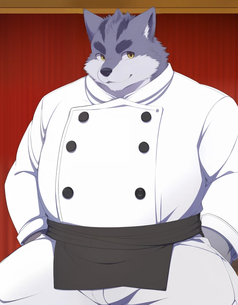 (((detailed eyes, detailed face))), (furry, arashi <lora:character_arashi_findigo_v1:0.8>, two-tone fur, grey fur:2.5, dog boy, snout, yellow eyes), male, (solo), (plump, fat, chubby, overweight), (chef clothes, alternate costume, buttons, brown apron), lying on bed, (spreading legs), smile, (front view) BREAK (konzaburou, ukan_muri, cute), bedroom, (flat shading, high brightness), 8k, UHD, masterpiece, (full body)