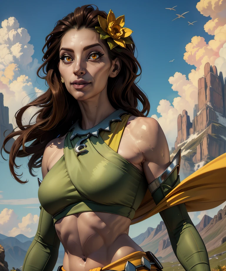 Inara,long brown hair,grey skin,yellow eyes,lips,solo,
flower hair ornament,midriff,bare shoulders,detached sleeves,jewelry,high mountains,cloud,
standing,upper body,smile,
(insanely detailed, beautiful detailed face, masterpiece,  best quality),<lora:Inara:0.8>,