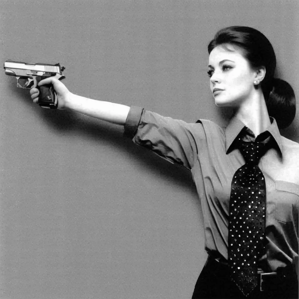 glamorous chick in rhinestones, bratva is striving for power, realistic, female focus, aiming, handgun, monochrome, gun, 1girl, solo, arm outstretched, weapon, agitation, leaflet, greyscale, necktie, printout