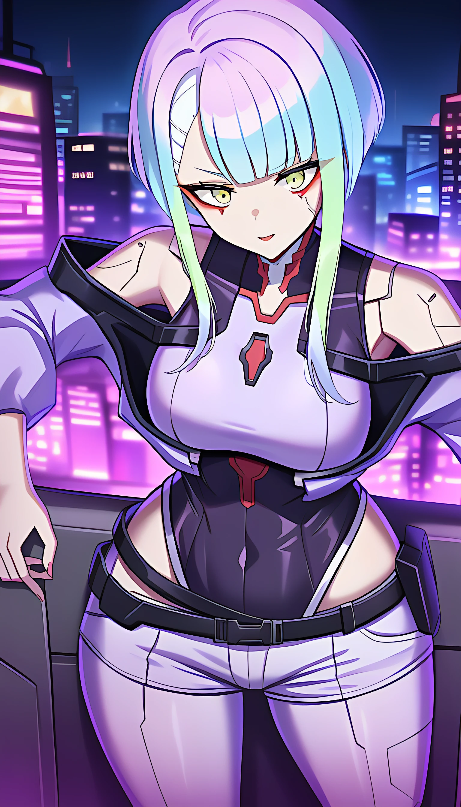 photo portrait, Sits, Sits, pulling your knees up to your chest, Beautiful figure, Lucy from the anime series Cyberpunk Edge Runner, a 1girl, facing the viewer, Beautiful figure (Proper Anatopy 1.1.), in full height (Body Full 1.1), Slim, Slender figure, Slender figure, shapely legs, Anime style, white colored hair, white colored hair, that disappear at the ends, Bob hairstyle, short white jacket, tight black suit, Cutouts on the shoulders, Cutouts on the chest, Neckline at the waist, Skinny black leather pants, Very detailed face, Very beautiful face, Very sexy ass, in full height (Body Full 1.1), Tall android girl, small elastic breasts, Little ass, Glitter Head Mask, Hair is gathered in a braid, Beautiful slim figure, small buttocks, A braid around the head, Round braid, Red Star in the Forehead, Short Brown Jacket, black tight suit, darkly,gris & Dark Style:1.1), Light, femininity,tmasterpiece,beste-Qualit,higly detailed,Visible to the feet, 8K resolution, High Sharp, 8K resolution, higly detailed, 8K UHD, Professional lighting, Photon mapping,physical based rendering, a perfect face, detailed face and body, ray traced, expressive look, Cinmatic Lighting,elastic small breasts, Heightened sexuality,