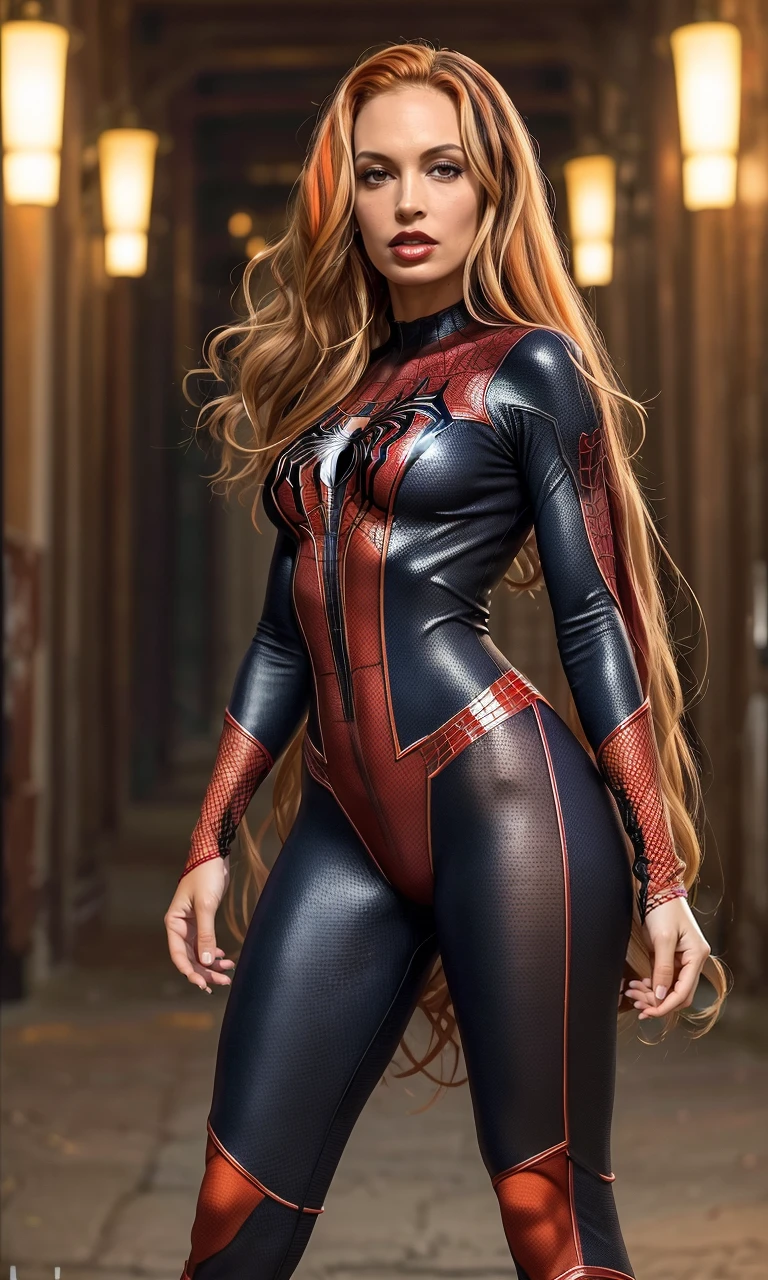 nikkinova2024, photo of 1girl dressed as Spiderwoman, red and orange bodysuit, photorealistic, 8k, uhd, masterpiece, detailed skin, skin pores, intricate, depth of field, full body, raw image, cinematic lighting, multi-coloured hair, blonde streak