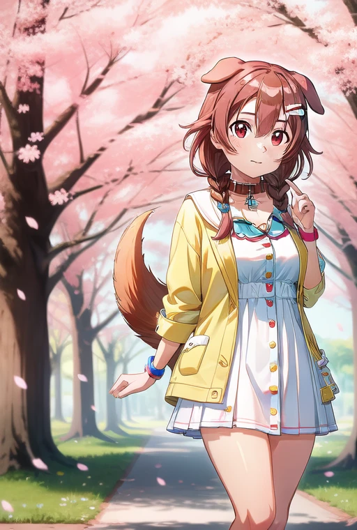 <lora:SAO Style:1> <lora:MasterpiaceSTYLEv3:1> girl, yellow jacket, white dress, animal collar, wristband, virtual youtuber, inugami korone, bone hair, animal collar, dog ears, dog tail, Cherry blossoms