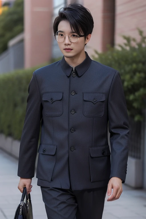 ltra-detailed,highly detailed,best quality,masterpiece,illustration,realistic,photorealistic,
1boy, solo, 
chinese tunic suit, formal, jacket, shirt, pants, 
breast pocket, 
looking at viewer, walking, cowboy shot, 
outdoors, day, tree, 
 <lora:chinese tunic suit_v1_08:0.9>
