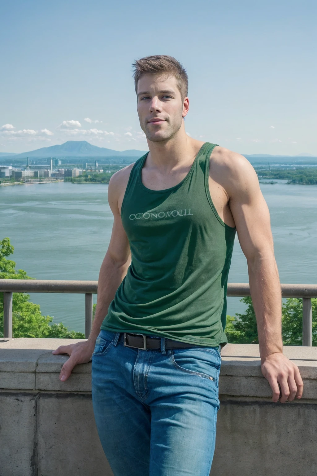 side view, photo of philperson <lora:phil_epoch_5:0.8>, wearing green tank top and jeans, casual pose, relaxed confident expression, fashion photography, Montreal skyline provides a stunning backdrop, with the famous Mount Royal in the distance and the Saint Lawrence River gently flowing nearby