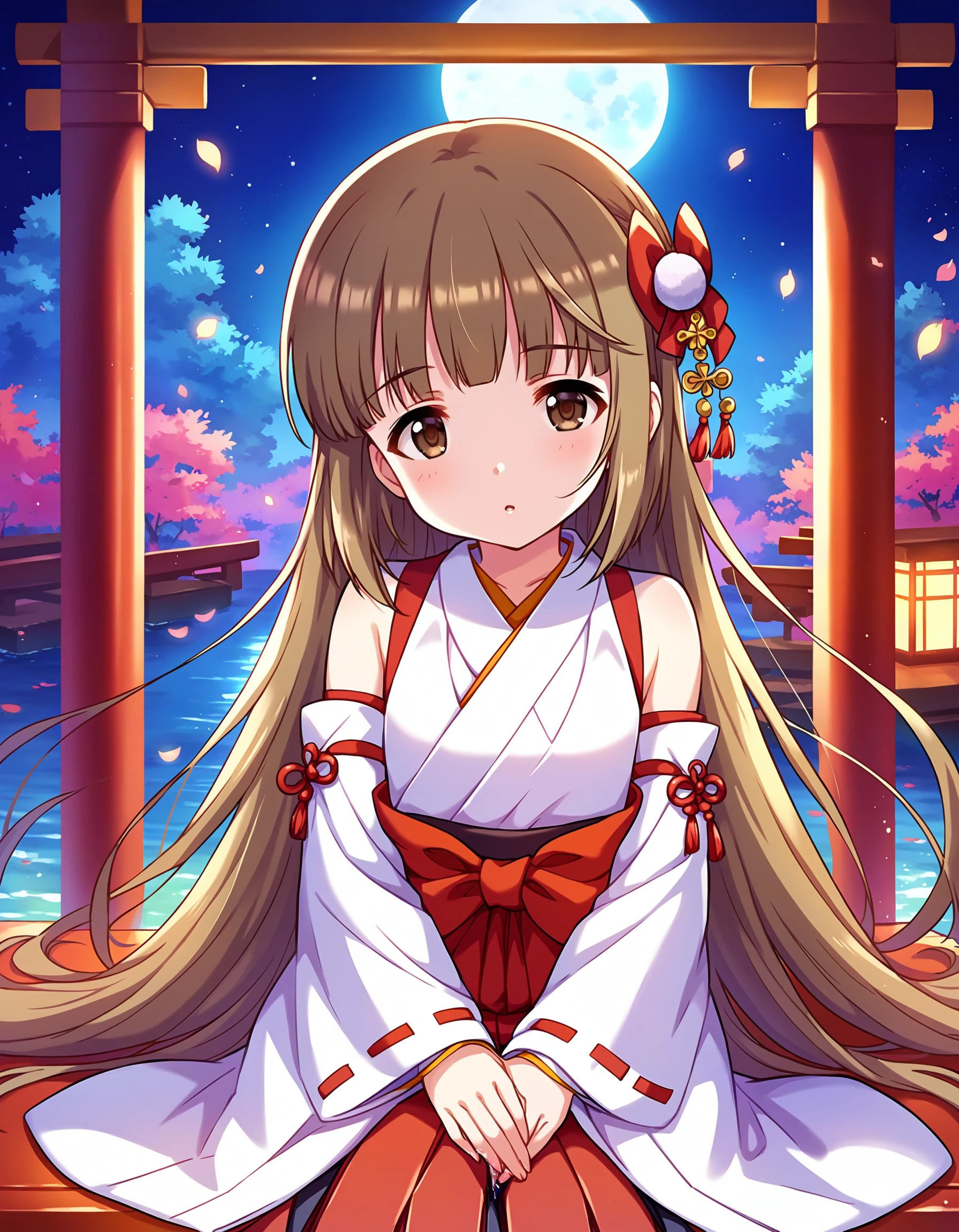 score_9, score_8_up, score_7_up, source_anime,
pinup of 1girl, solo, very wide shot, front view, ritual, sitting, seiza, serious, looking ahead, looking afar,
outdoors, night, shrine, mysterious, silence, holy, im light, vast large space, landscae, ocean, moon,
BREAK
<lora:YoritaYoshino_pony_v1:0.9>
yrtysn, cute petite, absurdly long hair, brown hair, straight, blunt bangs, hair bow, hair ornament, kanzashi, brown eyes, flat chest,
japanese clothes, miko, white kimono, detached sleeves, sleeves past wrists, red skirt, hakama, spread hair,
detailed eyes, eye reflection,