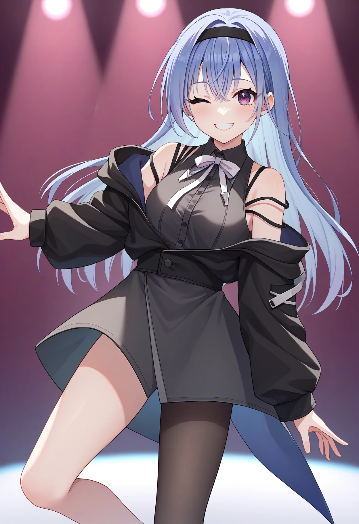 score_9, score_8_up, score_7_up, source_anime, 1girl, suzuki hana, blue hair, long hair, purple eyes, black hairband, sleeveless dress, black jacket, off shoulder, neck ribbon, single leg pantyhose, asymmetrical clothes, dancing, looking at viewer, one eye closed, smile, dynamic pose, stage <lora:brj-hana-pony-v0.5:1>