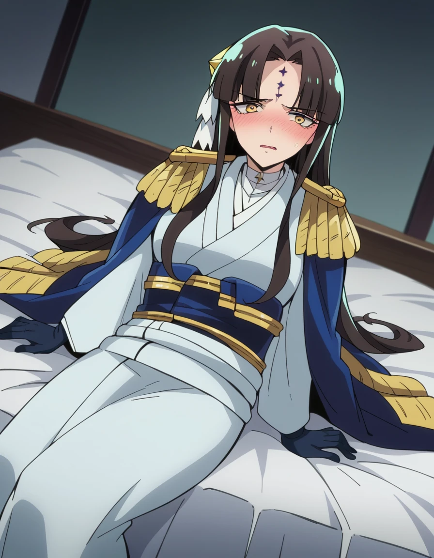 score_9, score_8_up, score_7_up, source_anime,
michikotanaka, <lora:michiko-tanaka-ponyxl-lora-nochekaiser:1>
michiko tanaka, long hair, black hair, yellow eyes, facial mark, forehead mark,
gloves, japanese clothes, black gloves, kimono, epaulettes,
indoors, bed, bed room, on side, blush, drunk,
looking at viewer, dutch angle, cowboy shot