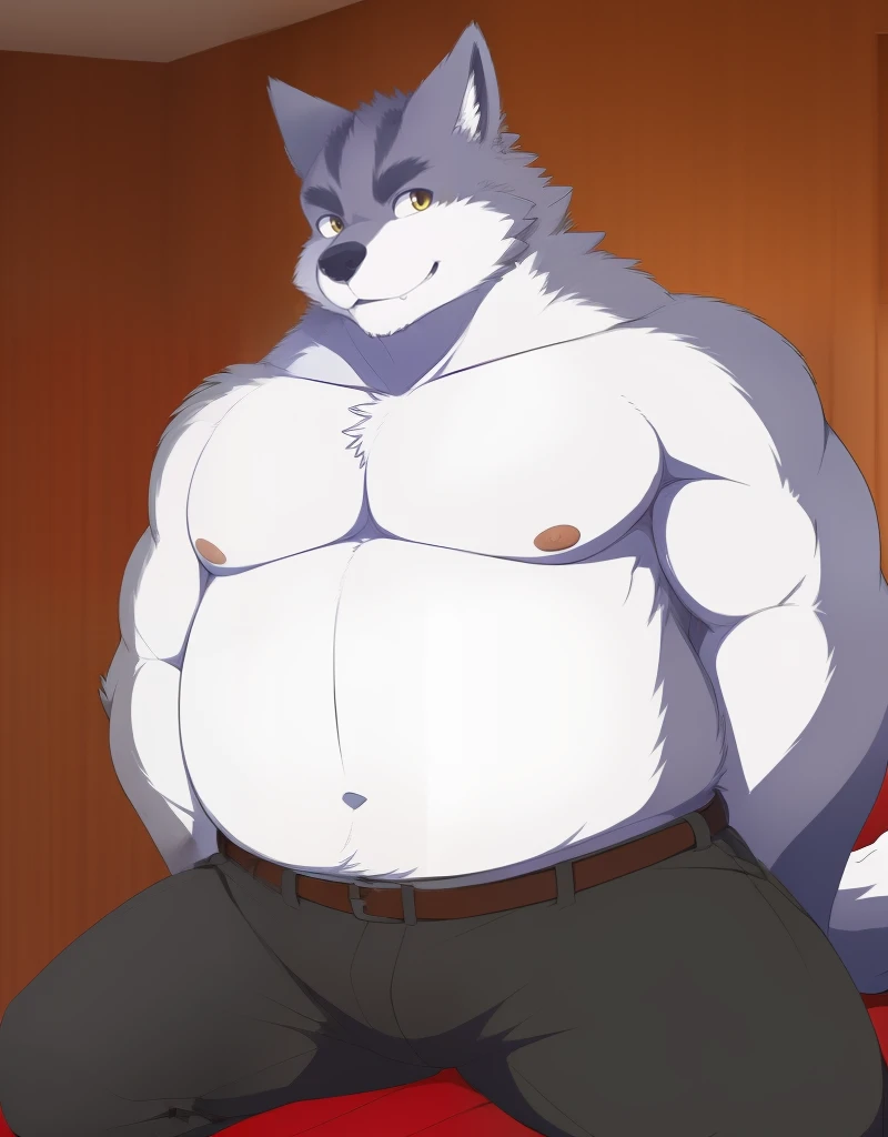 (((detailed eyes, detailed face))), (furry, arashi <lora:character_arashi_findigo_v1:0.8>, two-tone fur, grey fur, dog boy, snout, yellow eyes), male, (solo), (plump, fat, chubby, overweight), (brown pants, topless), sitting, (arms behind back), smile, (front view) BREAK (konzaburou, ukan_muri, cute), bedroom, (flat shading, high brightness), 8k, UHD, masterpiece, (full body)