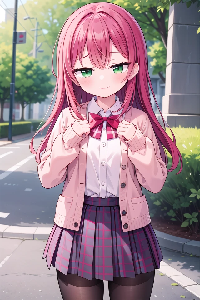 <lora:sensualface_type3_v3:1>
insanely detailed, absurdres, ultra-highres, ultra-detailed, best quality,
1girl, solo, nice hands, perfect hands
BREAK
(School Uniforms:1.2), (pink cardigan is fit body:1.4), ((do up a buttons, not loose):1.5), ((long sleeve, sleeves past wrists):1.2), (inner wear is white collared-shirt:1.3), (red plaid-pattern bow:1.3), (red plaid-pattern pleated skirt:1.3), ((dark-brown pantyhose, loafers):1.2)
, (cleavage:-1.5)
BREAK
happy smile, laugh, closed mouth
BREAK
(45 angle:-1.5), (from side:-1.5),
standing, cowboy shot, looking at viewer
BREAK
slender, kawaii, perfect symmetrical face, ultra cute girl, ultra cute face, ultra detailed eyes, ultra detailed hair, ultra cute, ultra beautiful
BREAK
in forest, depth of field, ultra detailed background
BREAK
medium large breasts
BREAK
(red hair, green eyes), spiked hair,